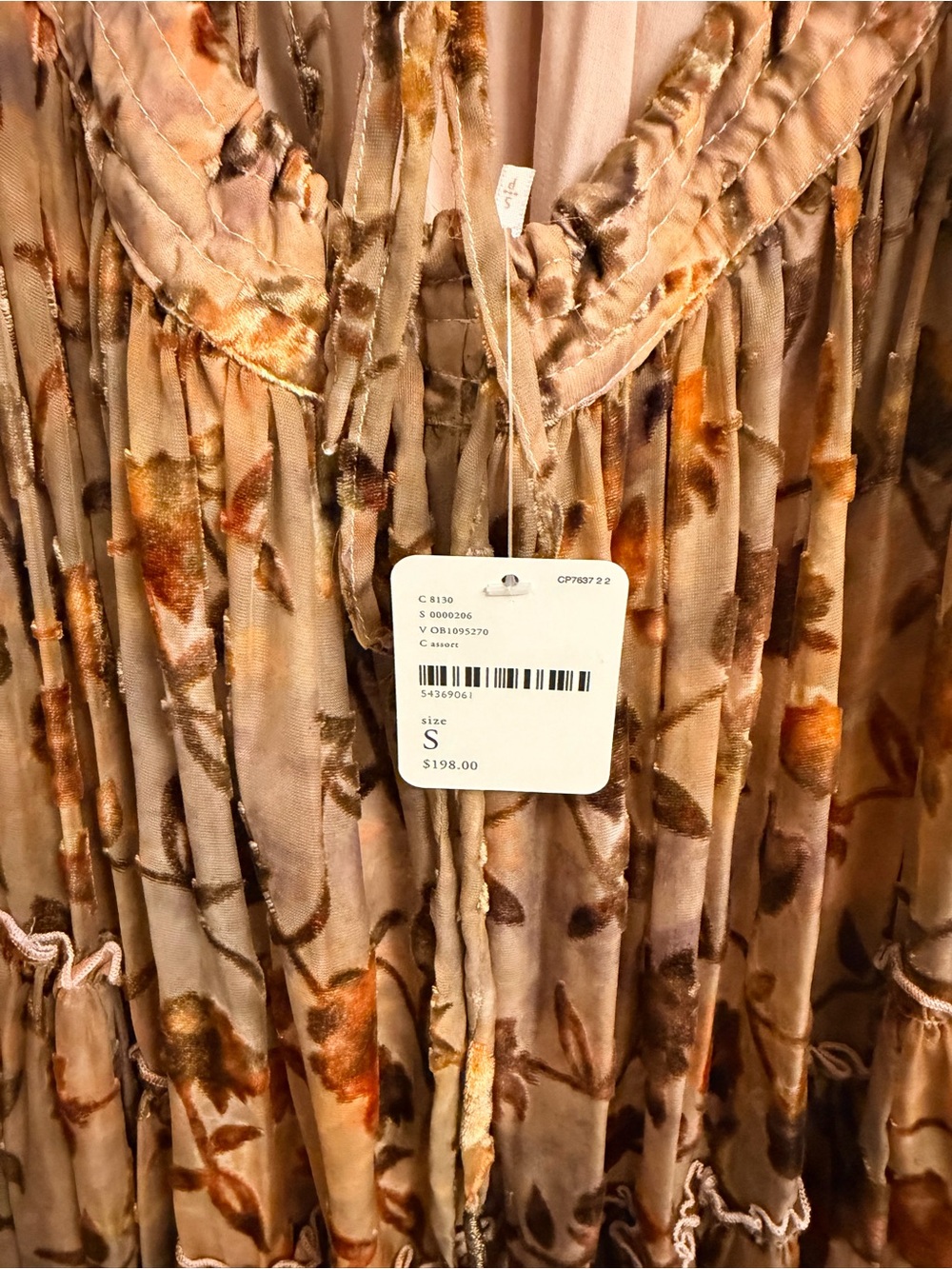 NWT $198 Free People Beige & Brown Leaves Low Back Tiered Halterdress - Picture 2 of 9
